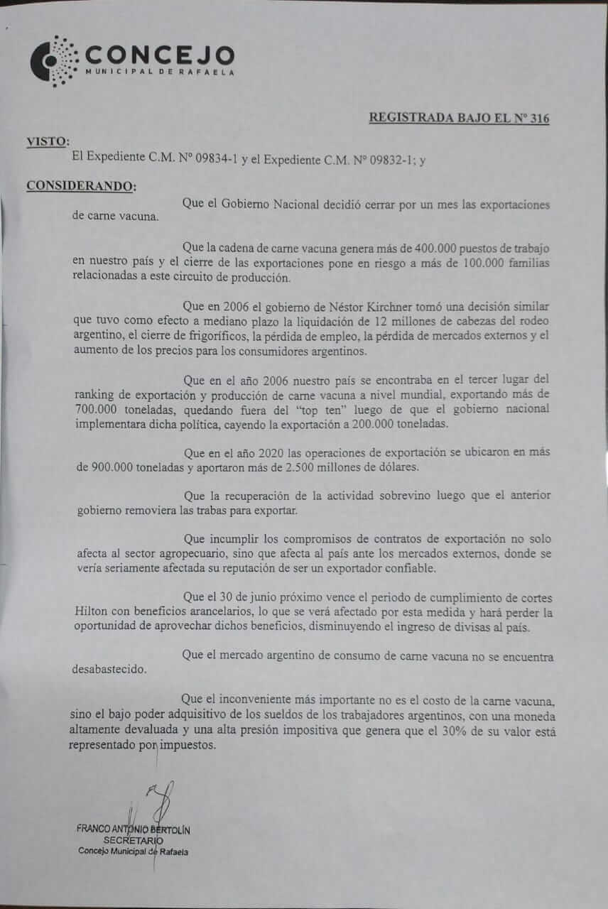 En este momento estás viendo El Concejo Municipal de Rafaela expresó en una declaración su “absoluto malestar por el cierre de las exportaciones de carne vacuna”…